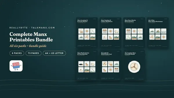 Cover of the TalkManx (Manx Gaelic) printables bundle from talkmanx.com